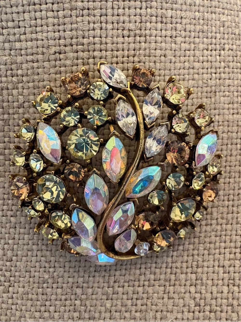 Retro Aurora Borealis Crystal Tree Brooch Gold Tone